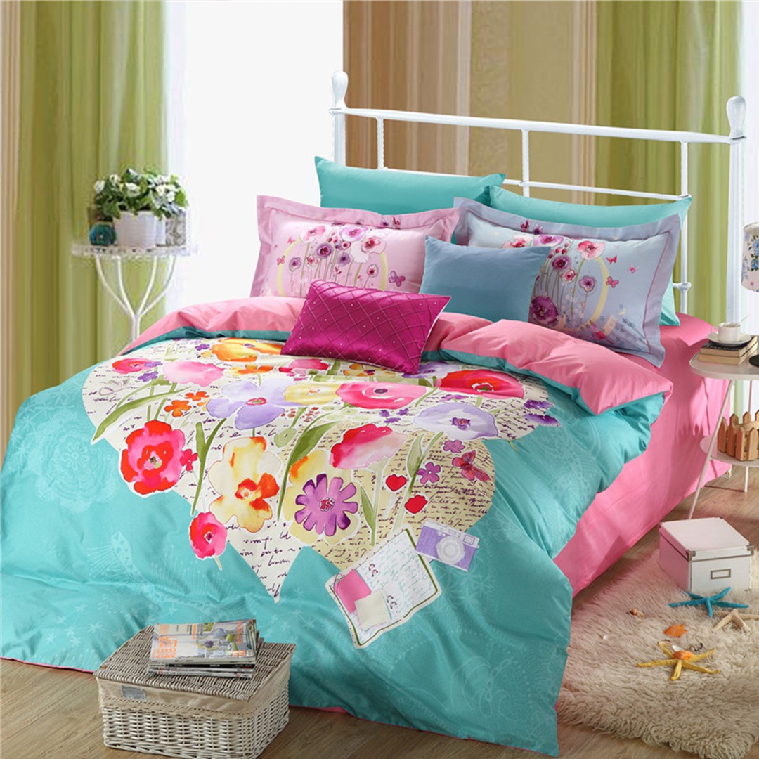 Light Blue And Pink Beautiful Floral Bedding Set Ebeddingsets