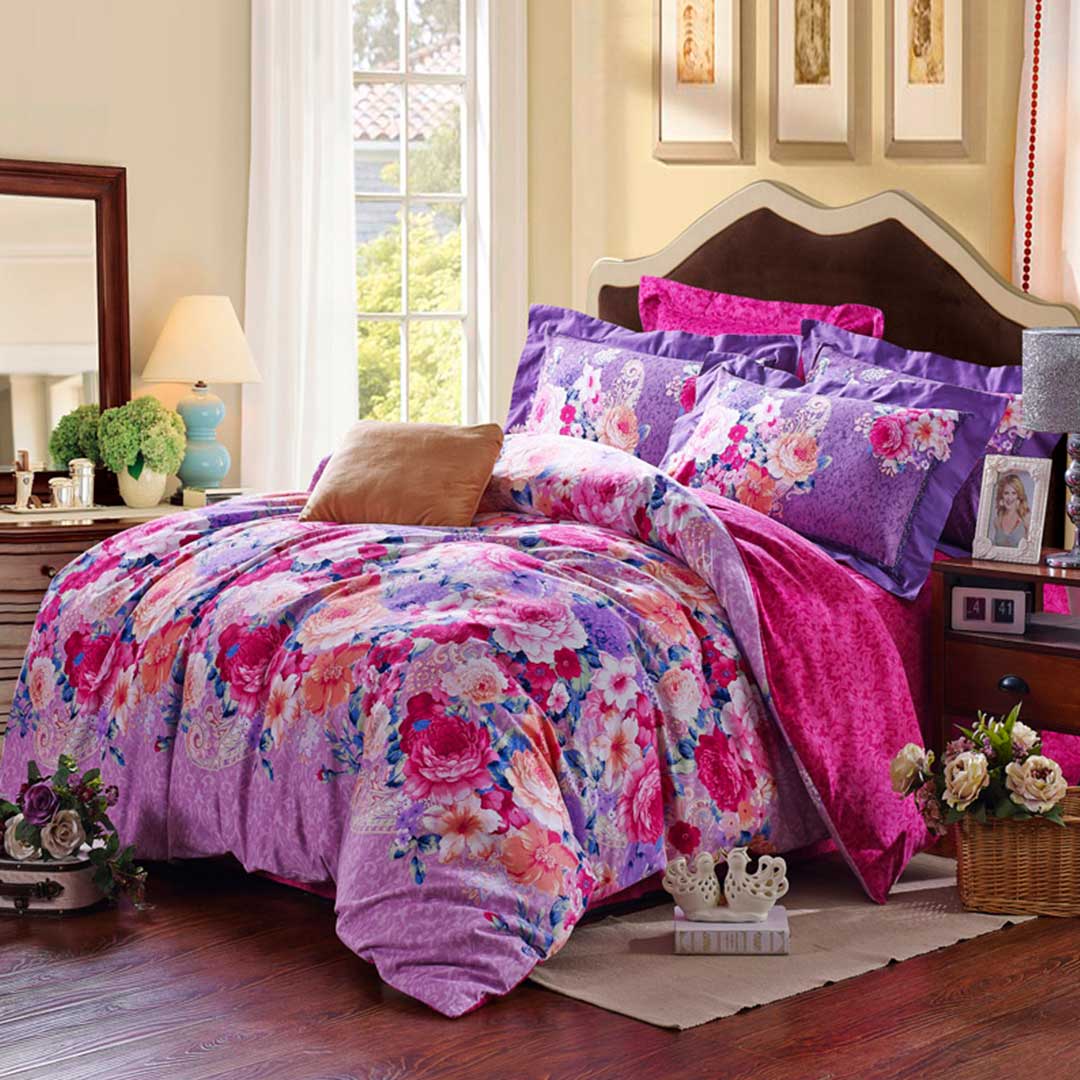 purple and gray floral bedding