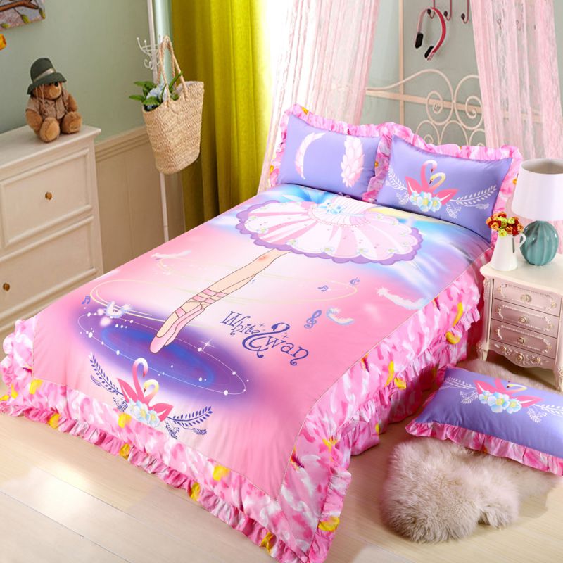 Kids Pink White Swan Princess Girls Comforter Set Ebeddingsets