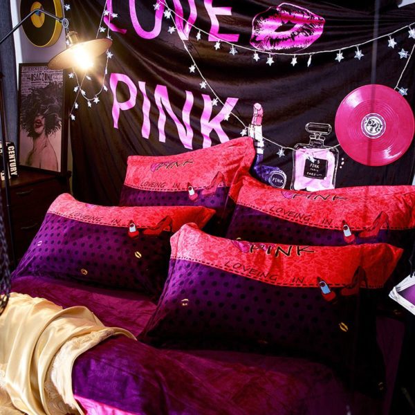 Victorias Secret Velvet Warm Pink Printing Bedding Set BQEY 3