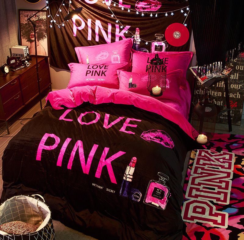 Victoria's Secret Velvet Warm Pink Printing Bedding Set FMH