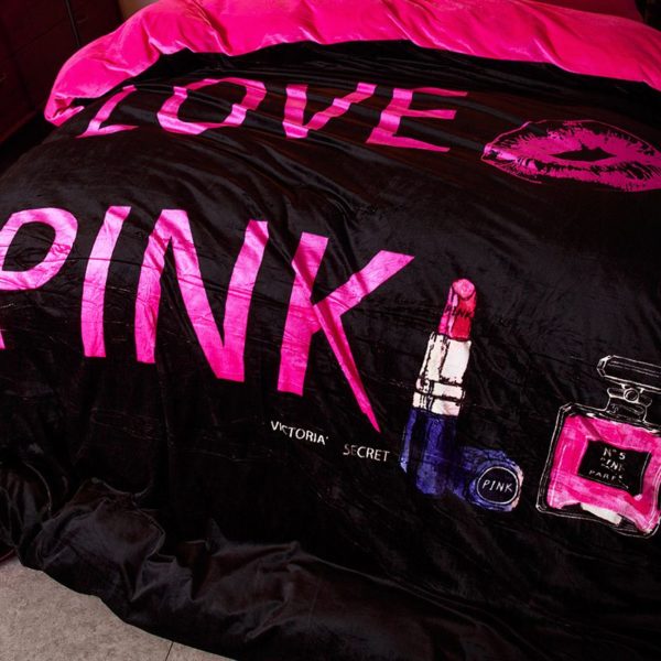 Victorias Secret Velvet Warm Pink Printing Bedding Set FMH 5