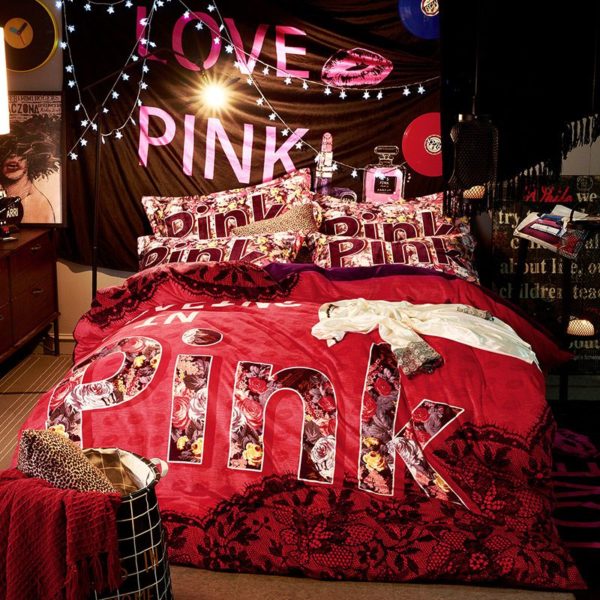 Victorias Secret Velvet Warm Pink Printing Bedding Set HC 1