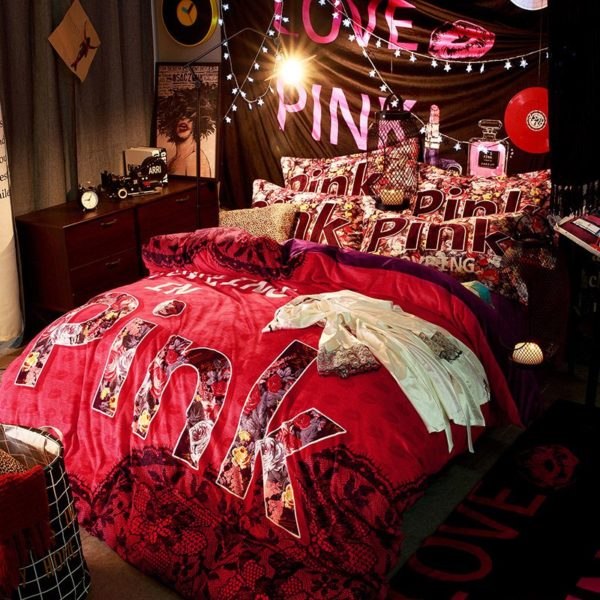 Victorias Secret Velvet Warm Pink Printing Bedding Set HC 2