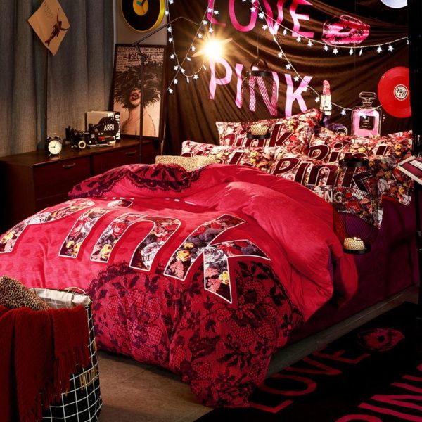 Victorias Secret Velvet Warm Pink Printing Bedding Set HC 3