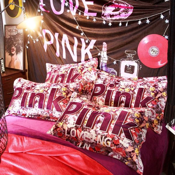 Victorias Secret Velvet Warm Pink Printing Bedding Set HC 7