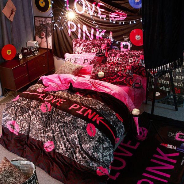 Victorias Secret Velvet Warm Pink Printing Bedding Set MH 1