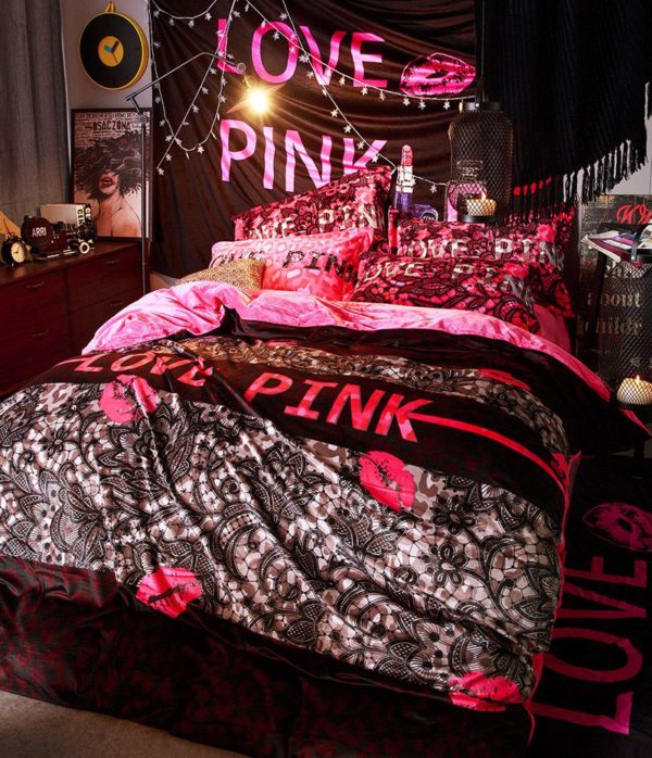 Victorias Secret Velvet Warm Pink Printing Bedding Set MH 7