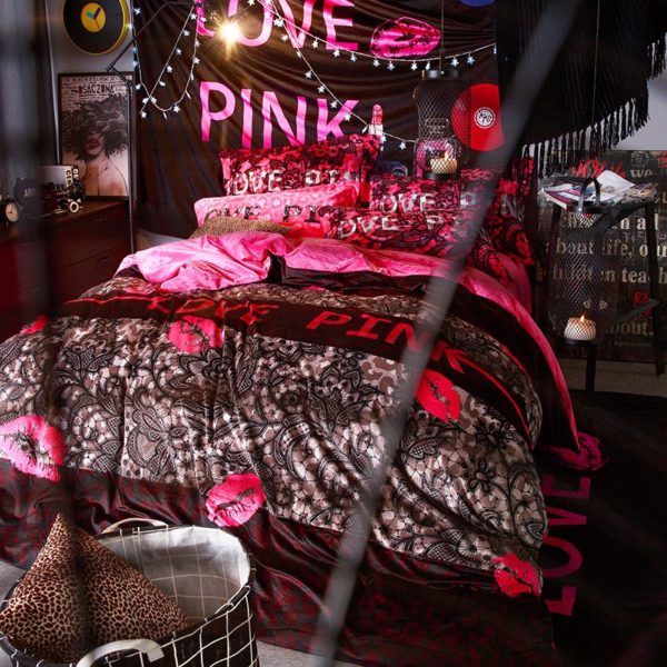 Victorias Secret Velvet Warm Pink Printing Bedding Set MH 9