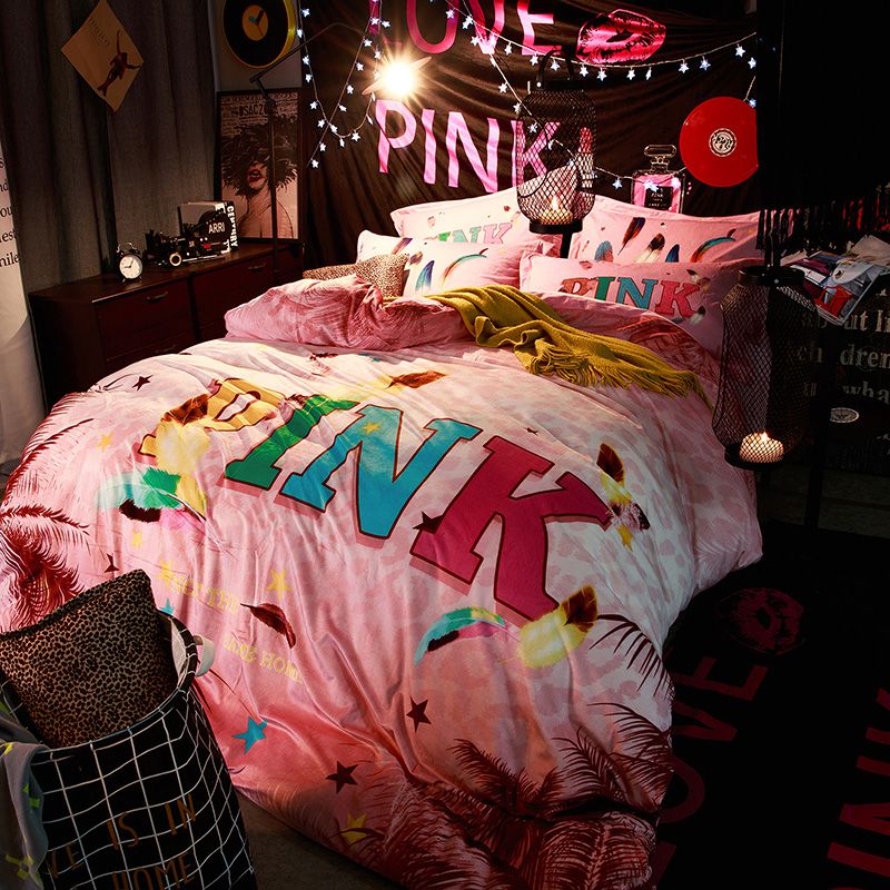 Victoria's Secret Velvet Warm Pink Printing Bedding Set PY