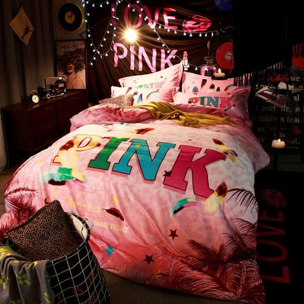 Victorias Secret Velvet Warm Pink Printing Bedding Set PY 3