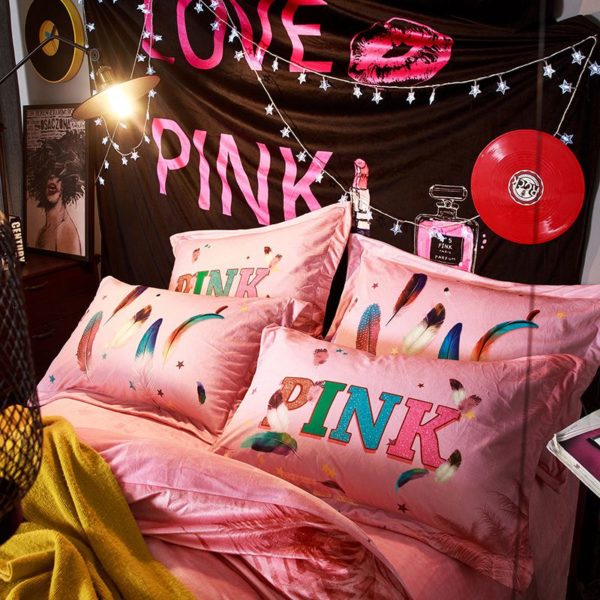 Victorias Secret Velvet Warm Pink Printing Bedding Set PY 4
