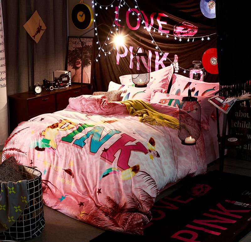 Victoria's Secret Velvet Warm Pink Printing Bedding Set PY