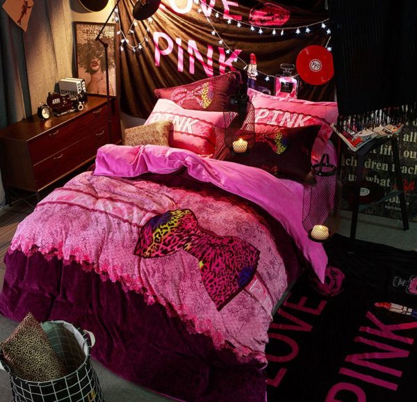 Victorias Secret Velvet Warm Pink Printing Bedding Set TY 1