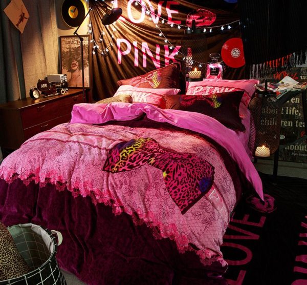 Victorias Secret Velvet Warm Pink Printing Bedding Set TY 2