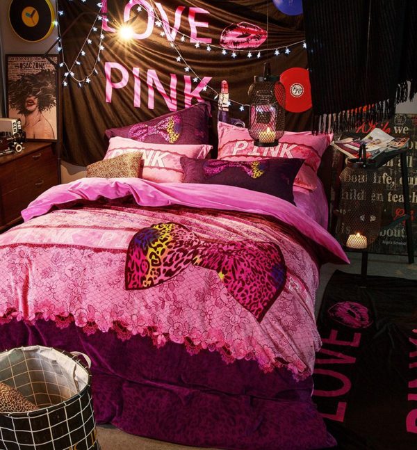 Victorias Secret Velvet Warm Pink Printing Bedding Set TY 6