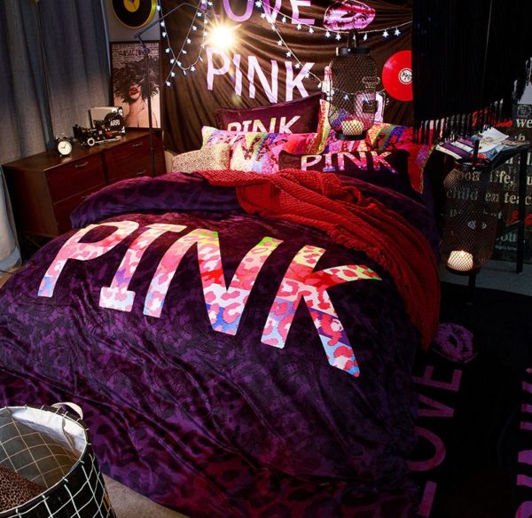 Victorias Secret Velvet Warm Pink Printing Bedding Set XL 2