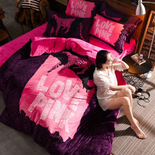 Victorias Secret Velvet Warm Pink Printing Bedding Set ZM 7