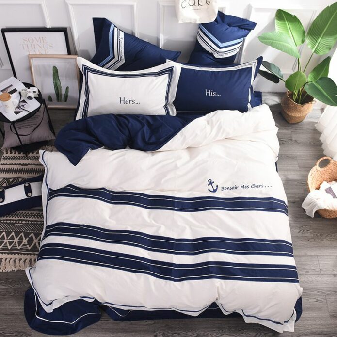 Attractive Royal Blue White Stripe Embroidery Bedding Set 1