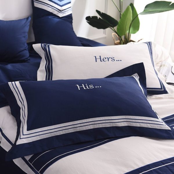 Attractive Royal Blue White Stripe Embroidery Bedding Set 12