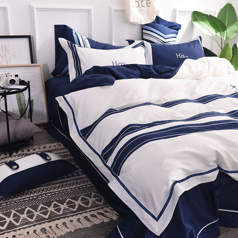 Attractive Royal Blue White Stripe Embroidery Bedding Set