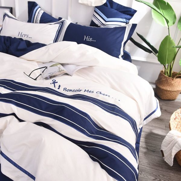 Attractive Royal Blue White Stripe Embroidery Bedding Set 3