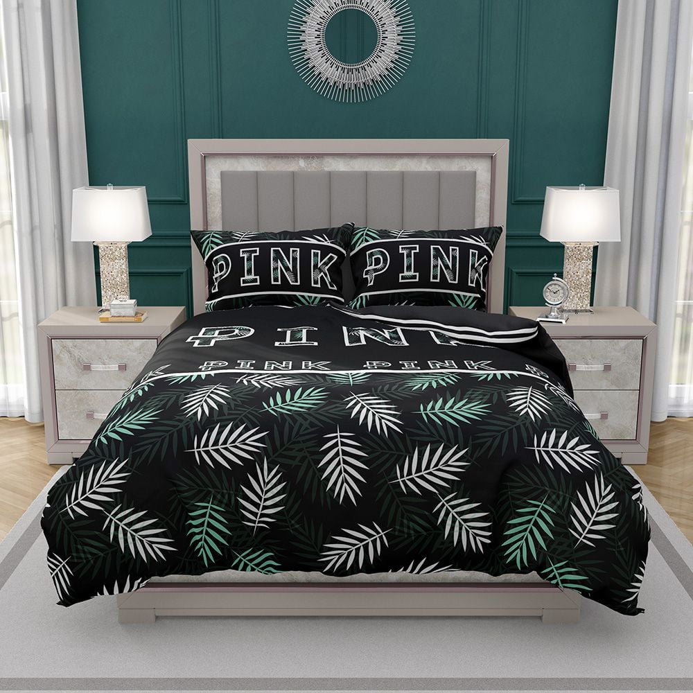 Vs Pink Pattern With Green And White Palm Leaves Bedding Set