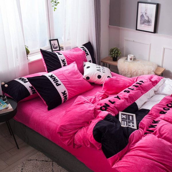 Victorias Secret Pink Embroidery Flannel Bedding Set Model 4 7