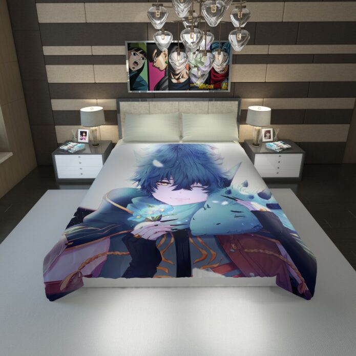 Anime Boy Dragon Blue Flowers Duvet Cover