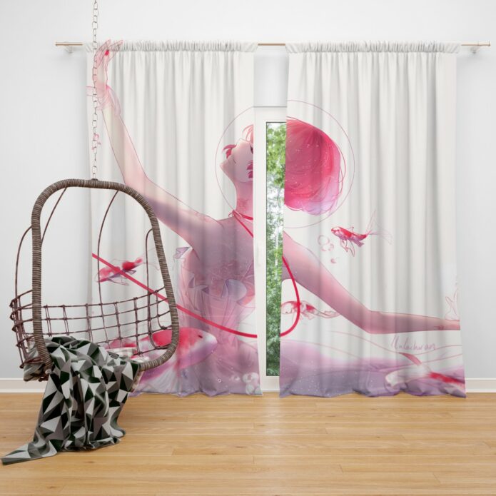 Anime Girl Ballet Dancer Fishes Pink Koi Bedroom Window Curtain