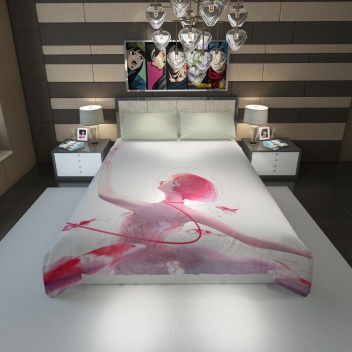 Anime Girl Ballet Dancer Fishes Pink Koi Duvet Cover 1