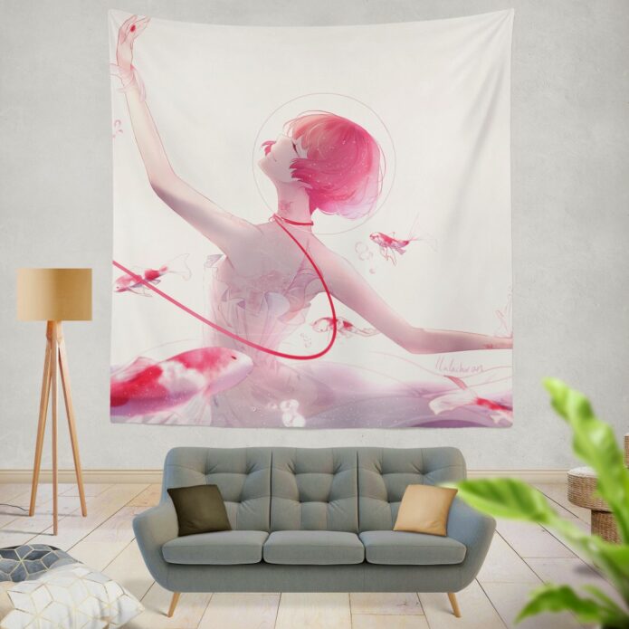 Anime Girl Ballet Dancer Fishes Pink Koi Wall Hanging Tapestry