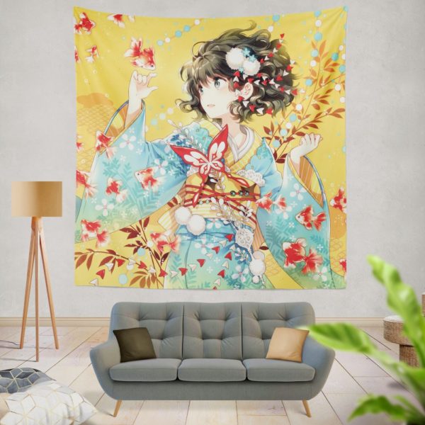 Anime Girl Fishes Japanese Wall Hanging Tapestry