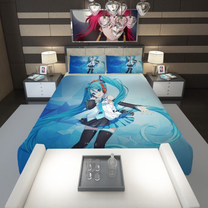 Hatsune Miku Anime Girl Polygons Blue Comforter 1