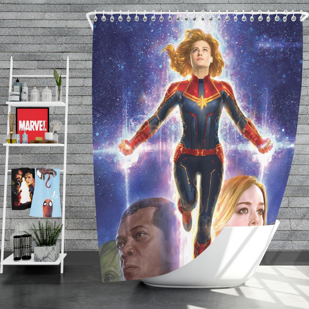 Captain Marvel Brie Larson Shield, Marvel Heroes Shower Curtain