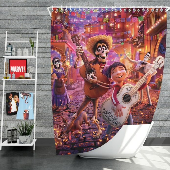 Coco Movie Coco Dante Ernesto de la Cruz Hector Imelda Rivera Shower Curtain