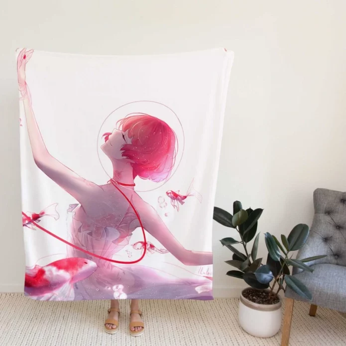 Anime Girl Ballet Dancer Fishes Pink Koi Fleece Blanket