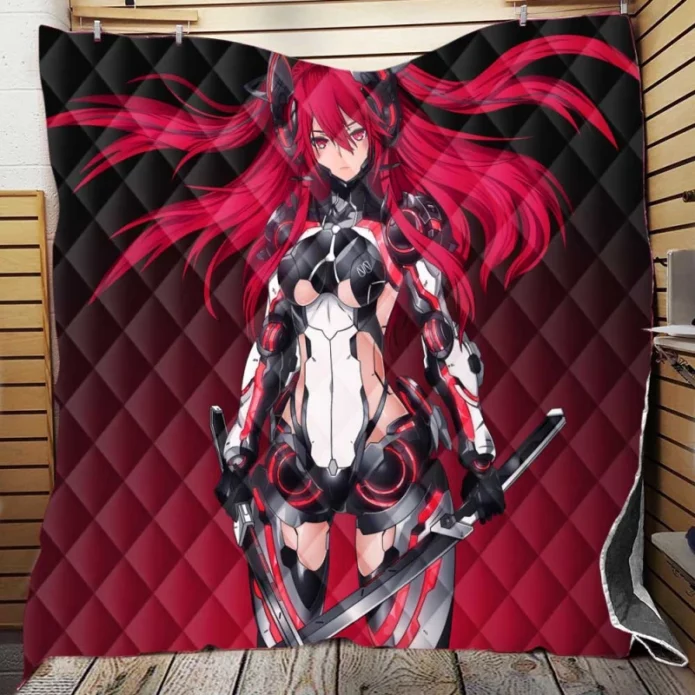 Mecha Girl Red Warrior Katana Quilt Blanket