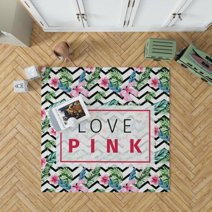 VS Love Pink Modern Pattern with Tropical Watercolor Flowers Floor Rug Mat