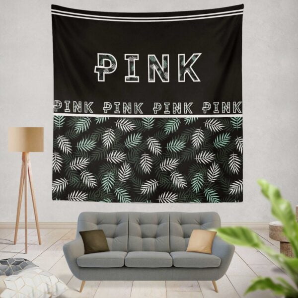 VS Pink Pattern with Green and White Palm Leaves Wall Hanging Tapestry
