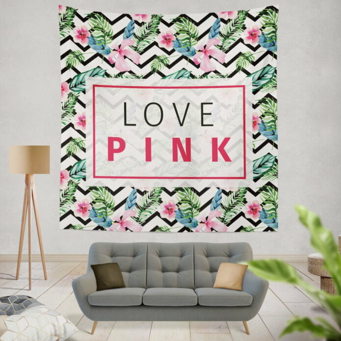 VS Love Pink Modern Pattern with Tropical Watercolor Flowers Wall Hanging Tapestry